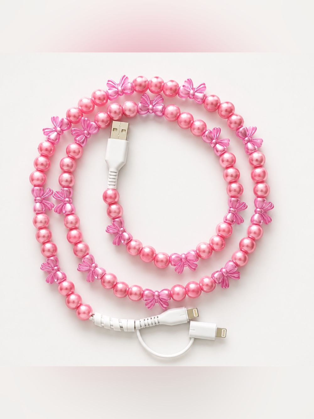 BRAND NEW WITH TAGS Pink Beaded 2-in-1 USB-C Phone Charging Cable - Picture 1 of 1